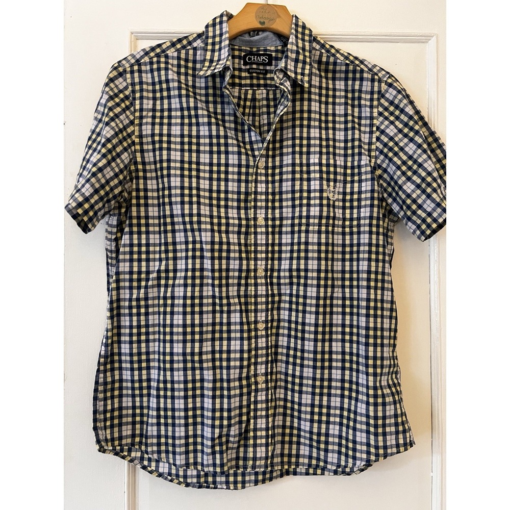 CHAPS Ralph Lauren Men's Large L Shirt Top Button Down Short Sleeve Plaid‎ Blue
